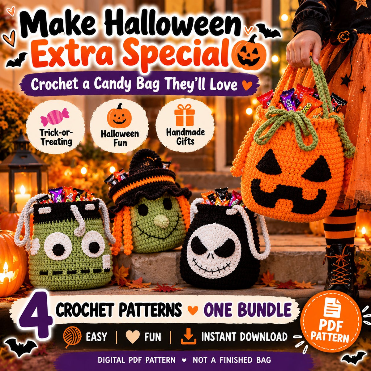 4 Halloween Candy Bag Crochet Patterns