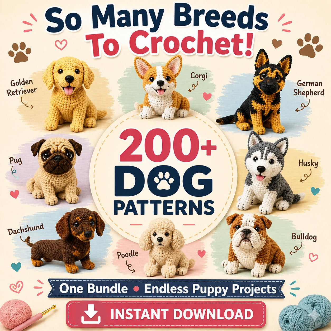 200+ Dog Amigurumi Crochet Patterns β PDF Bundle