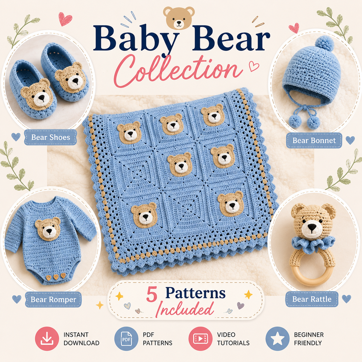 ๐งธโจ Crochet Baby Bear Set (5 Patterns + Videos) ๐ถ๐งถ