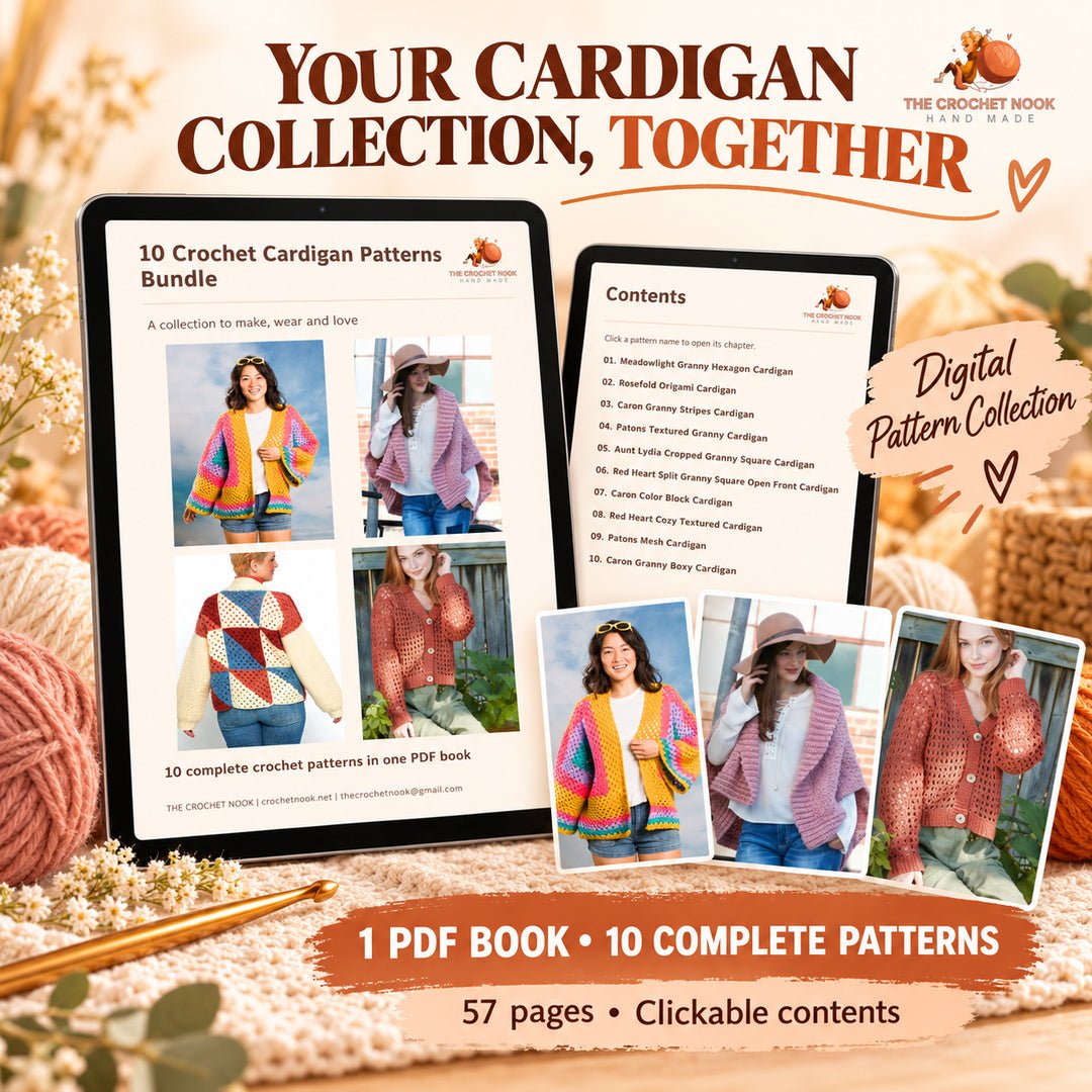 Digital cardigan pattern book preview showing the actual cover and clickable contents for ten complete patterns in 57 pages.