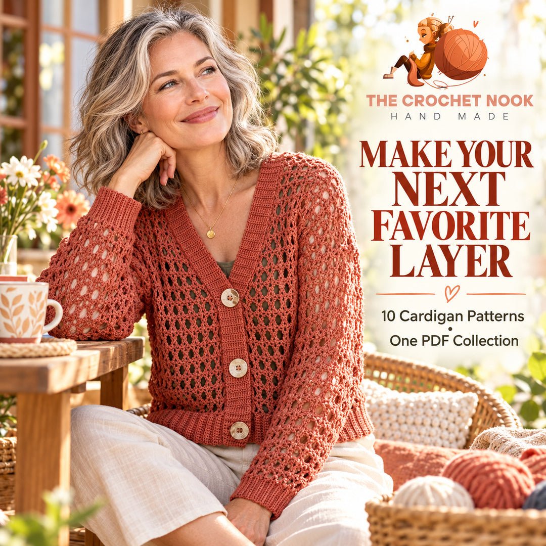 Mature woman wearing the rust mesh button-front crochet cardigan included in the ten-cardigan PDF collection.