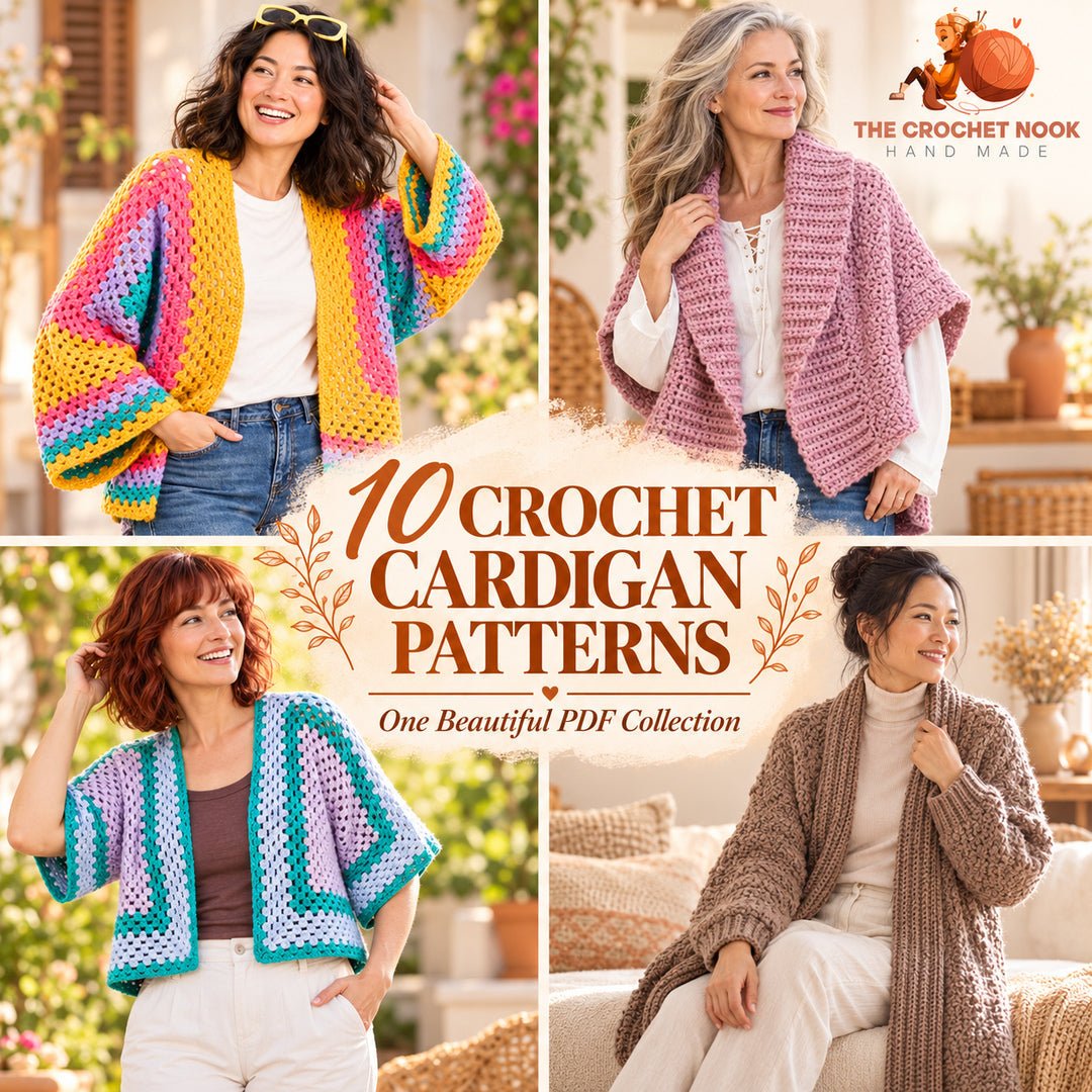 Four women modeling colorful hexagon, blush origami, cropped granny and cozy textured cardigans from the 10-pattern crochet bundle.