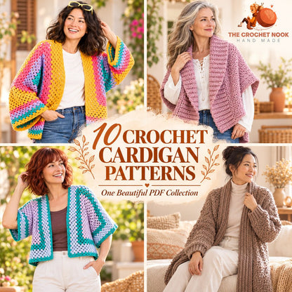 Four women modeling colorful hexagon, blush origami, cropped granny and cozy textured cardigans from the 10-pattern crochet bundle.