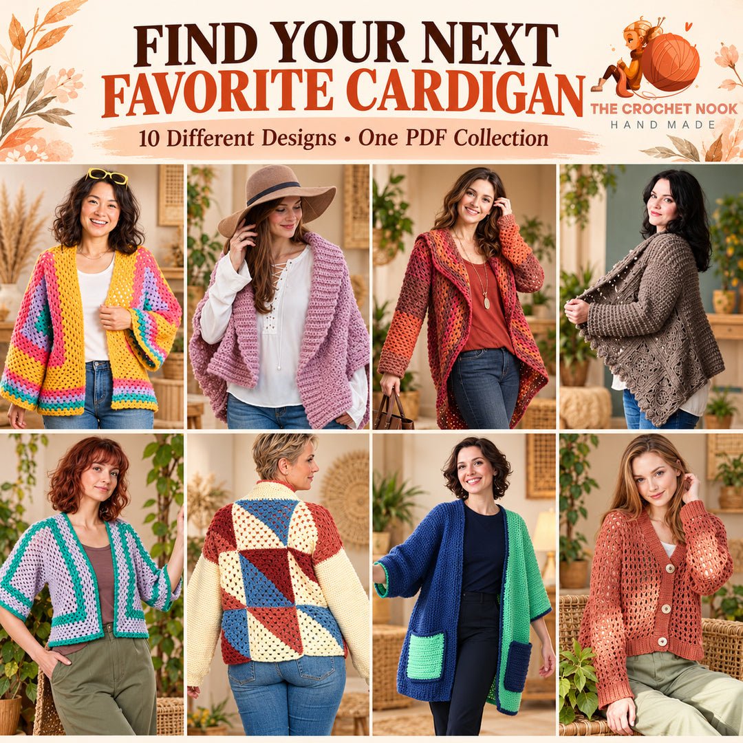 Eight included crochet cardigan designs showcasing granny stripes, motifs, color blocking, hexagons and mesh.