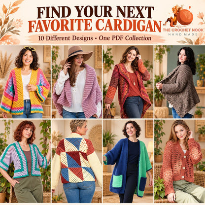 Eight included crochet cardigan designs showcasing granny stripes, motifs, color blocking, hexagons and mesh.