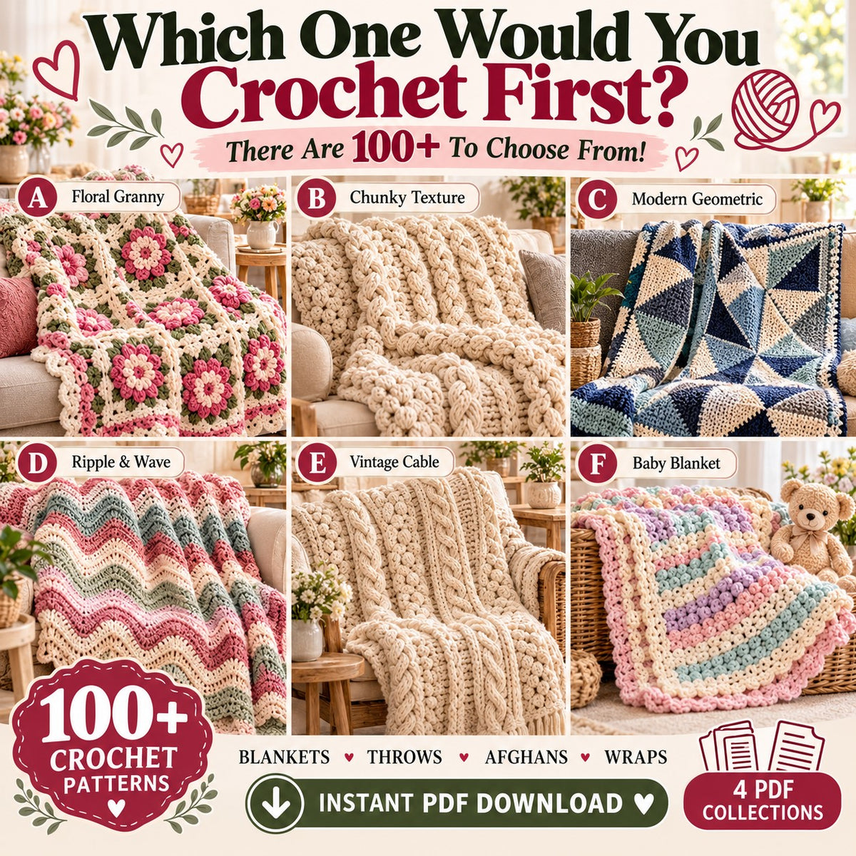 100+ Crochet Blanket Patterns Bundle PDF