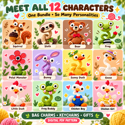 Twelve long neck animal crochet charm characters including squirrel sloth bear frog ducks and chickens