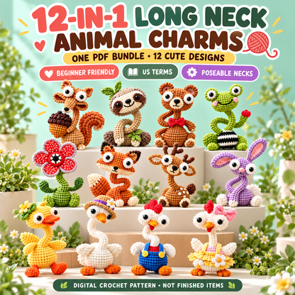 12 in 1 long neck animal charms crochet pattern bundle with cute poseable amigurumi designs