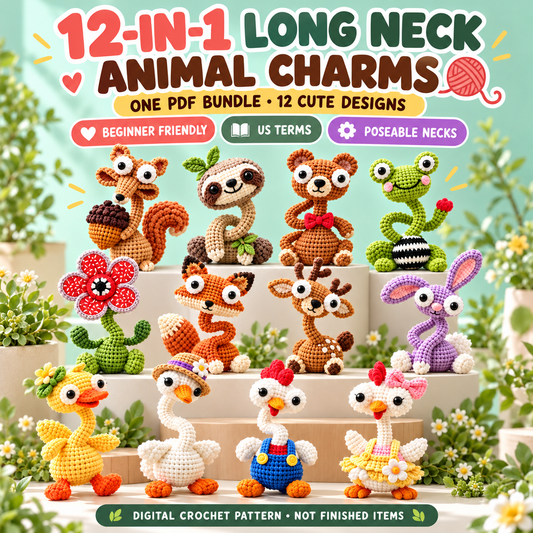 12 in 1 long neck animal charms crochet pattern bundle with cute poseable amigurumi designs