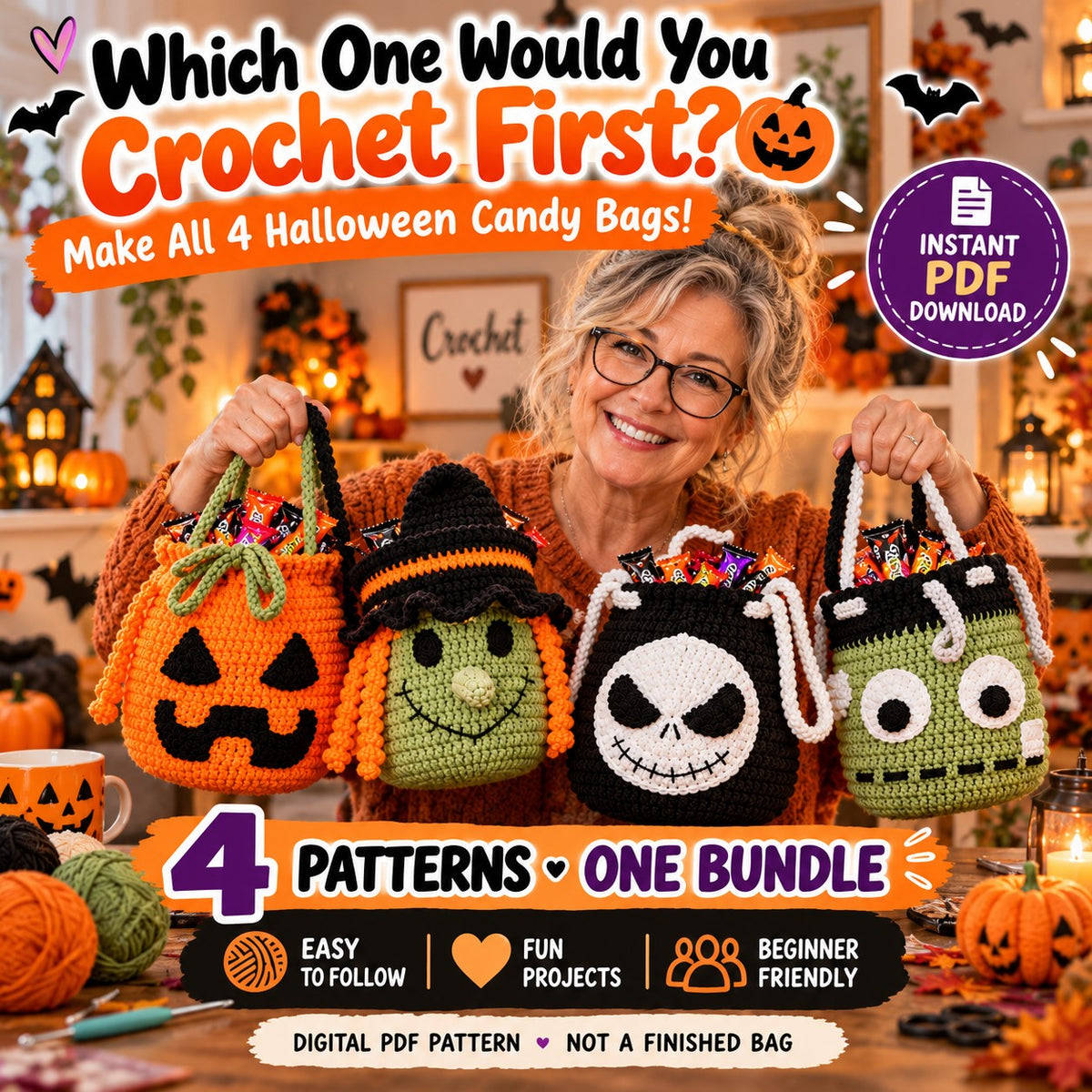 4 Halloween Candy Bag Crochet Patterns