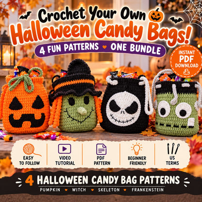 4 Halloween Candy Bag Crochet Patterns