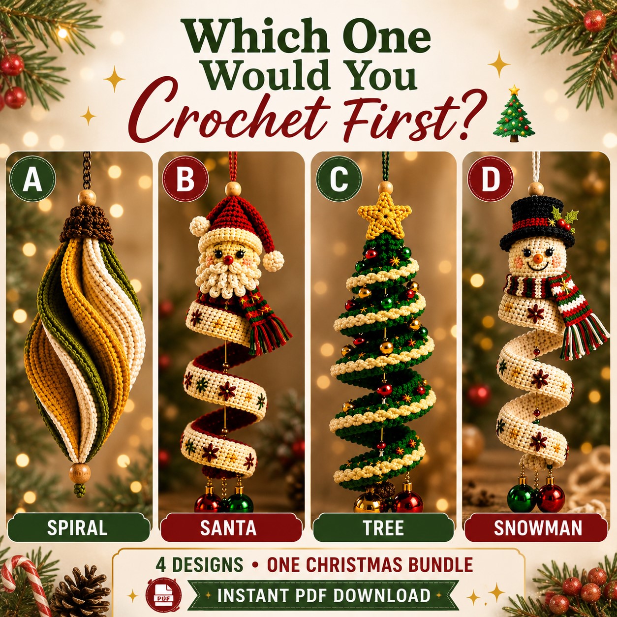 4-in-1 Crochet Christmas Hanging Decorations PDF Pattern