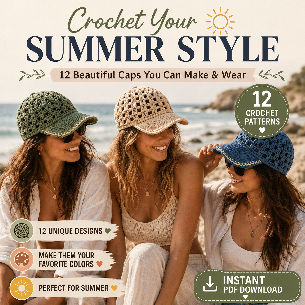 12 Crochet Cap Patterns Bundle – Summer Baseball Hats PDF