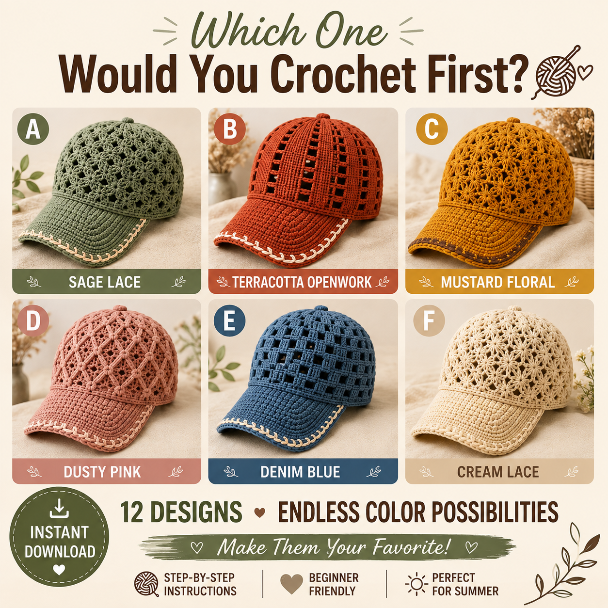 12 Crochet Cap Patterns Bundle – Summer Baseball Hats PDF