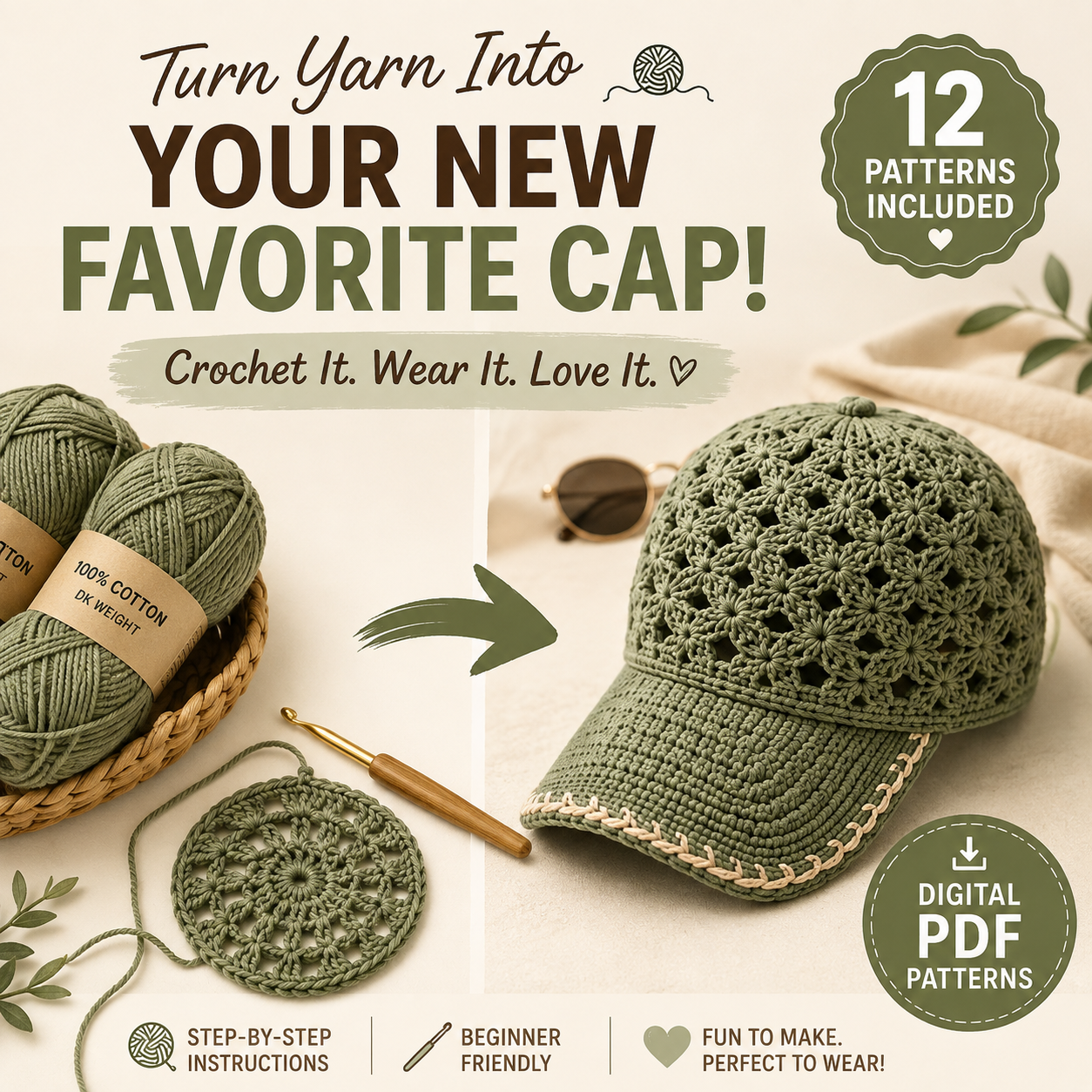 12 Crochet Cap Patterns Bundle – Summer Baseball Hats PDF