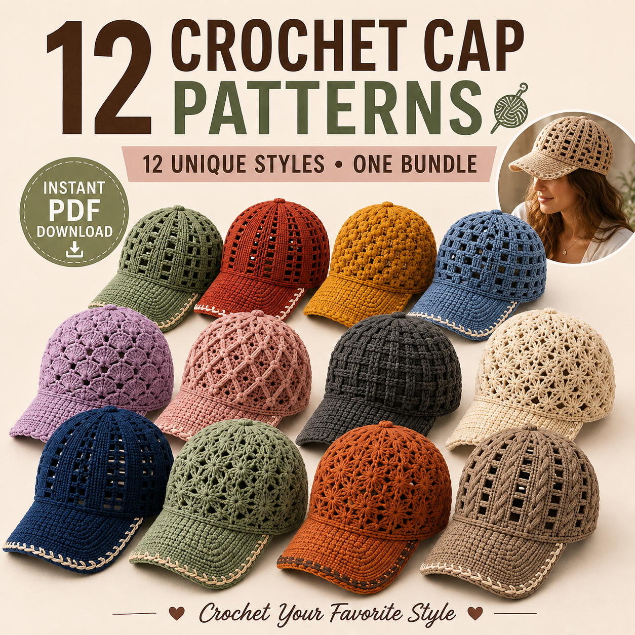 12 Crochet Cap Patterns Bundle – Summer Baseball Hats PDF
