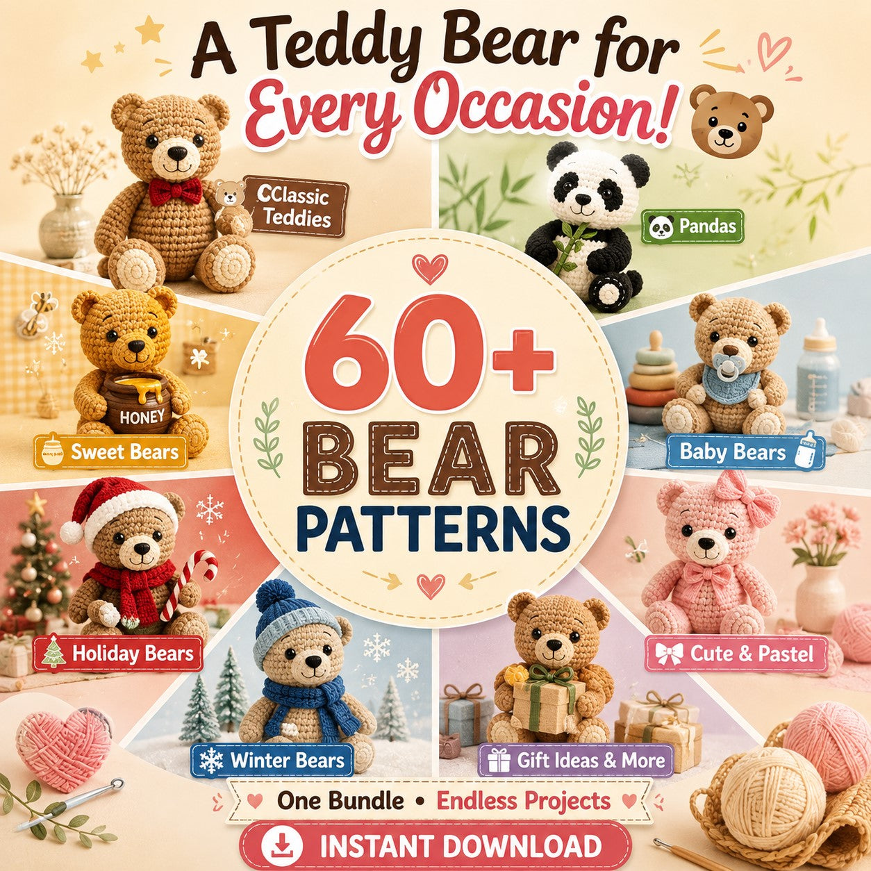 60 + Teddy Bear Crochet Patterns – Amigurumi Mega Bundle PDF