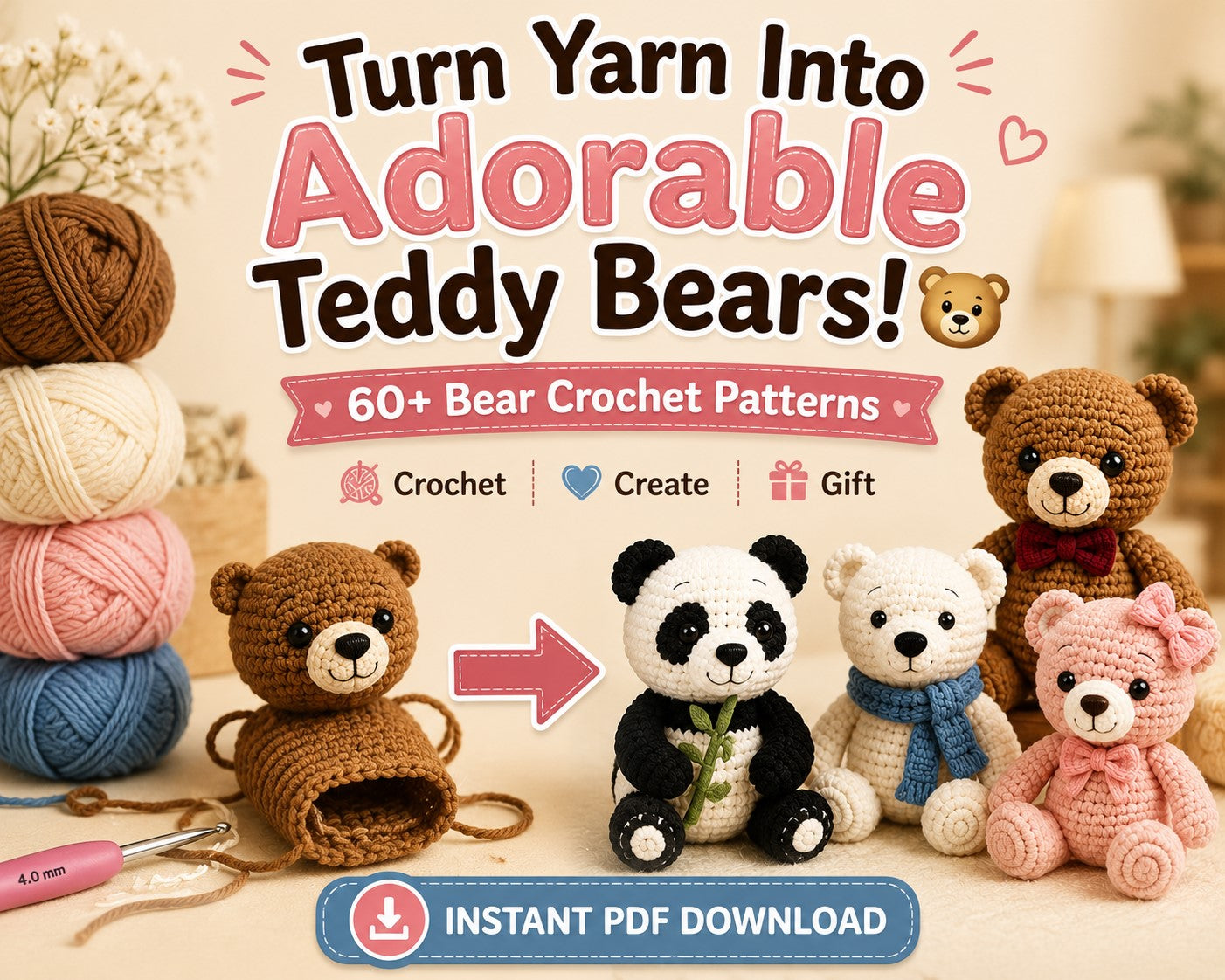 60 + Teddy Bear Crochet Patterns – Amigurumi Mega Bundle PDF