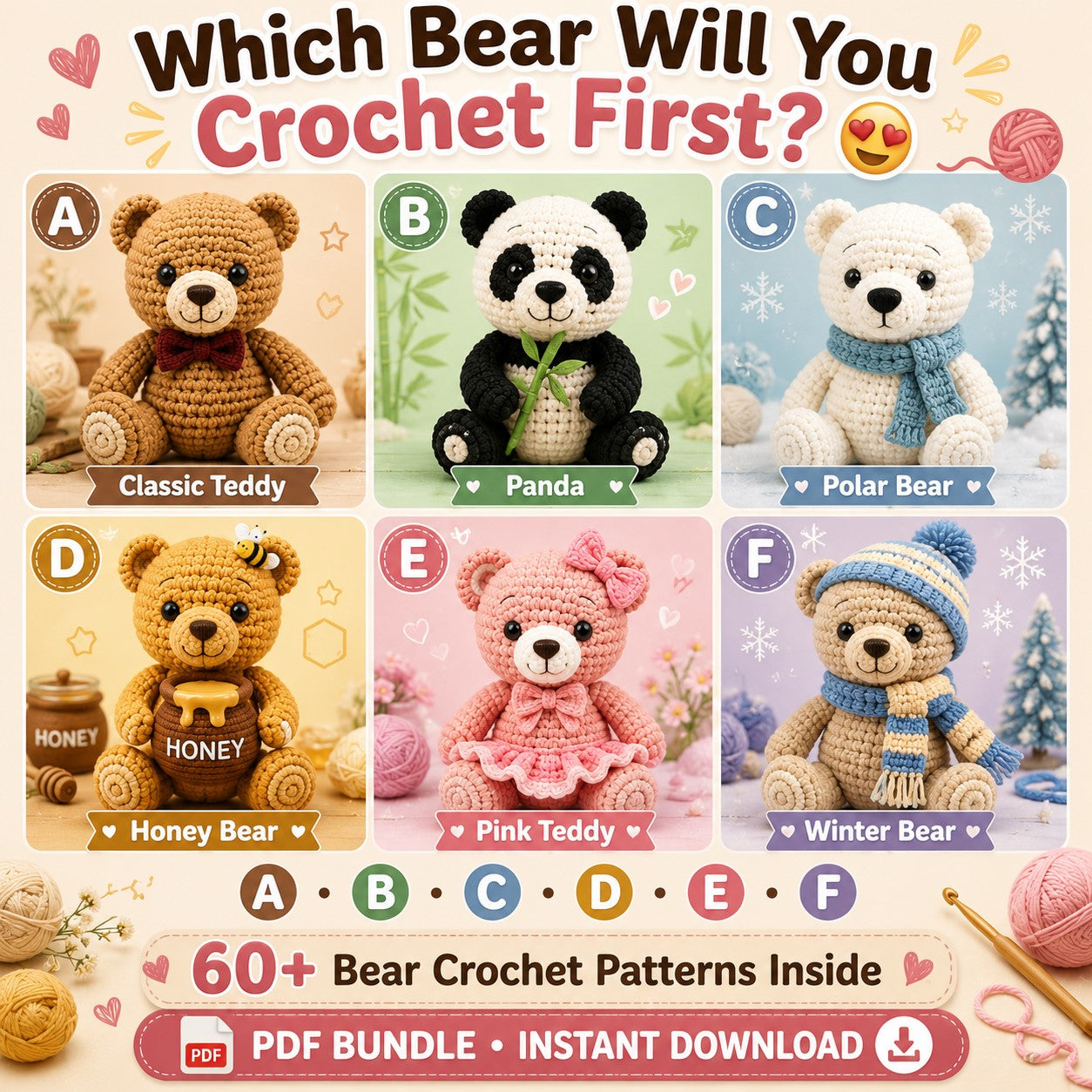 60 + Teddy Bear Crochet Patterns – Amigurumi Mega Bundle PDF