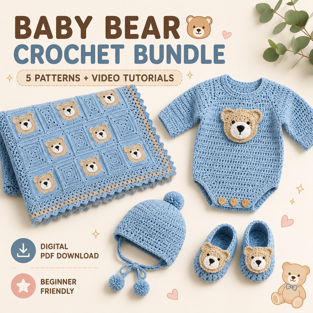 🧸✨ Crochet Baby Bear Set (5 Patterns + Videos) 👶🧶