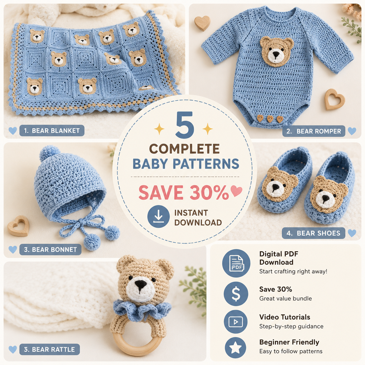 🧸✨ Crochet Baby Bear Set (5 Patterns + Videos) 👶🧶
