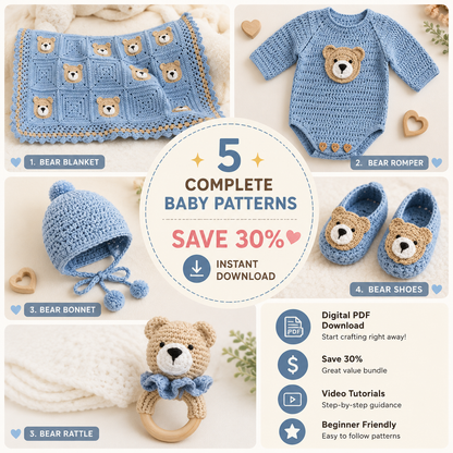 🧸✨ Crochet Baby Bear Set (5 Patterns + Videos) 👶🧶