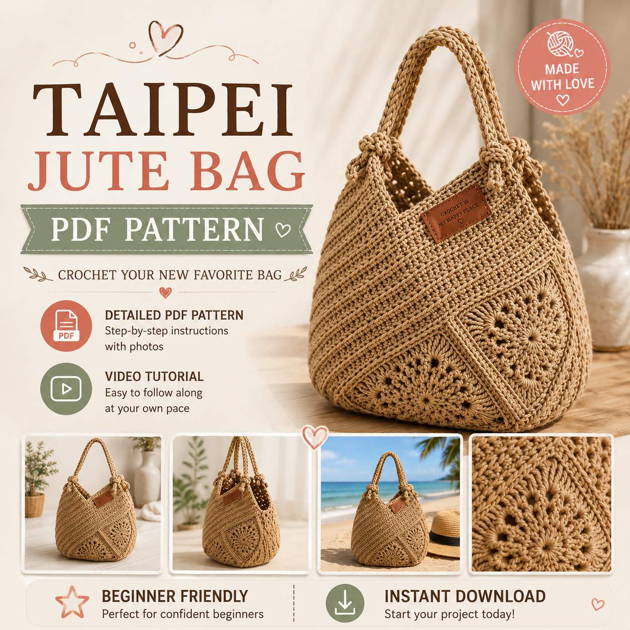 Jute Crochet Bag Pattern - Stylish Granny Square Tote Design
