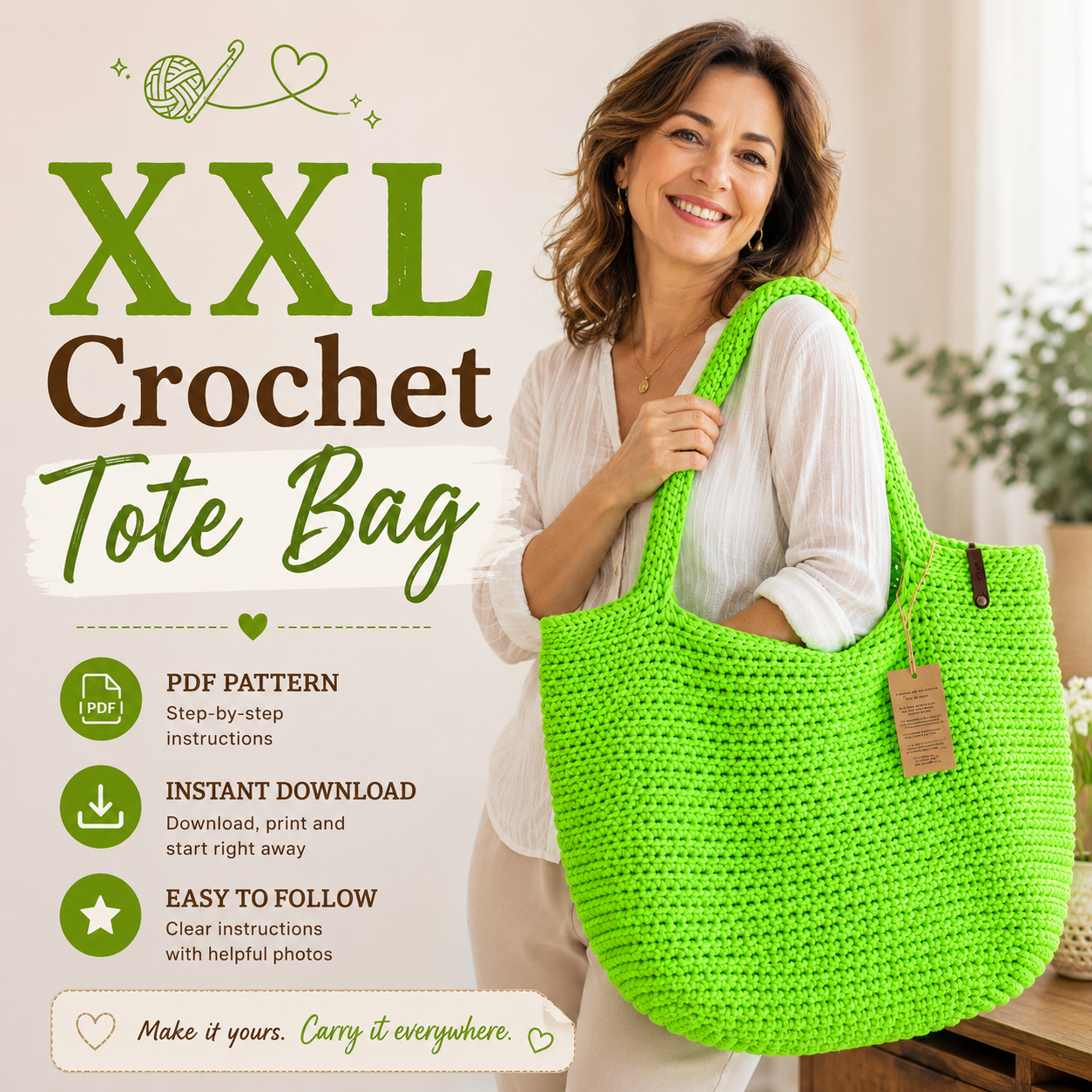Crochet Bag Pattern XXL size Bag, Pattern PDF