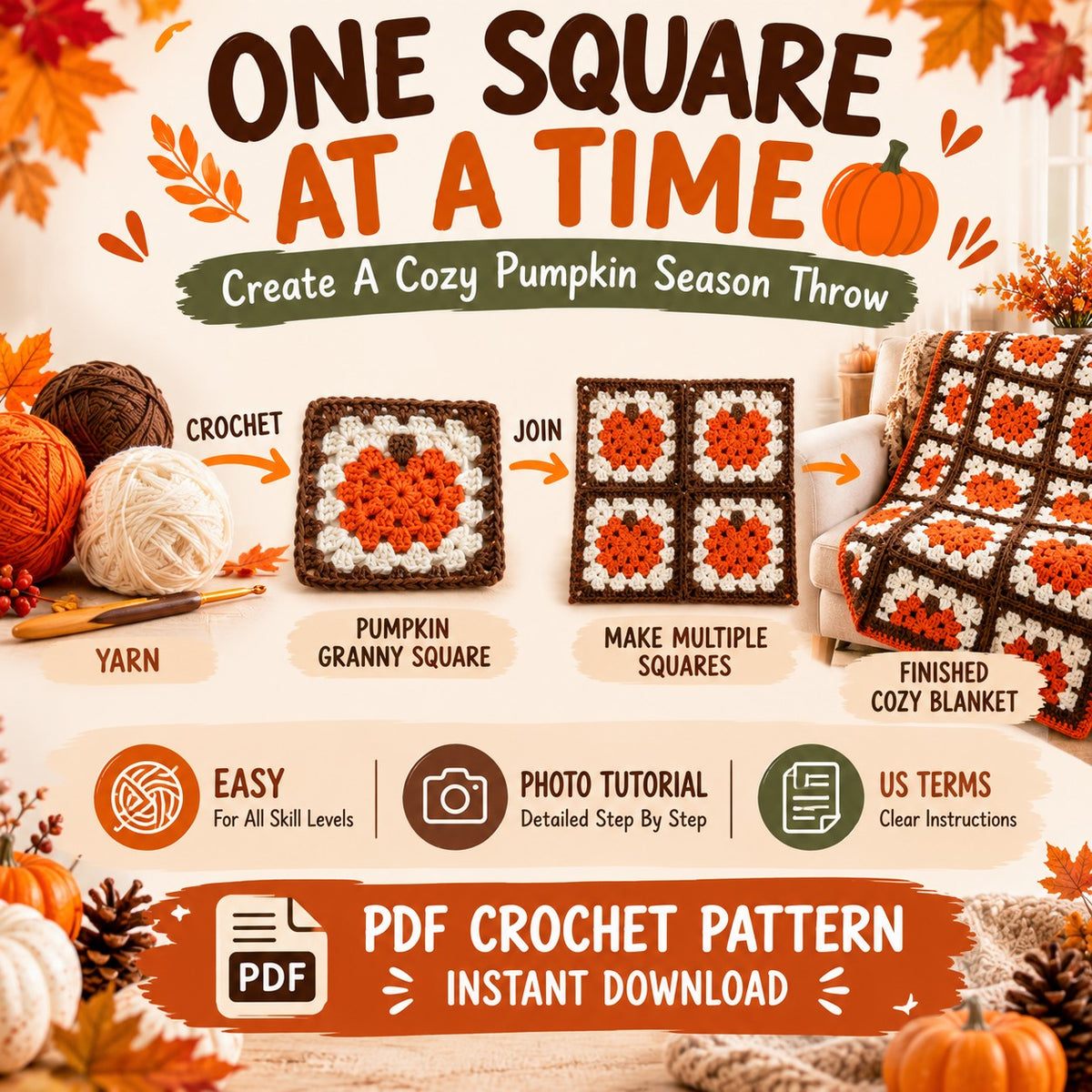Pumpkin Granny Square Blanket Crochet Pattern PDF 🎃