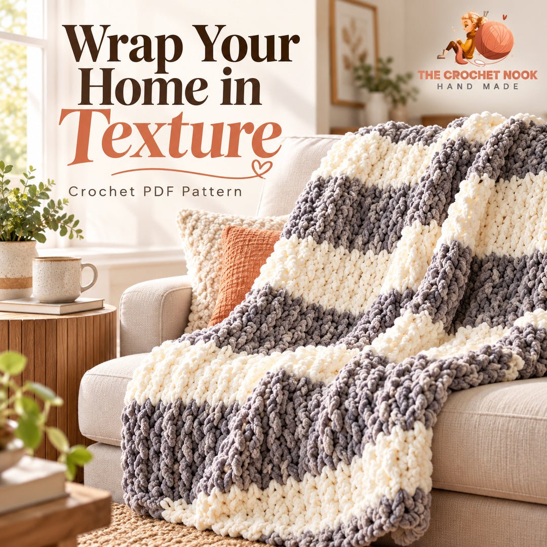 Cloudridge Textured Stripe Blanket Crochet Pattern styled in an inviting lifestyle setting. Digital pattern.