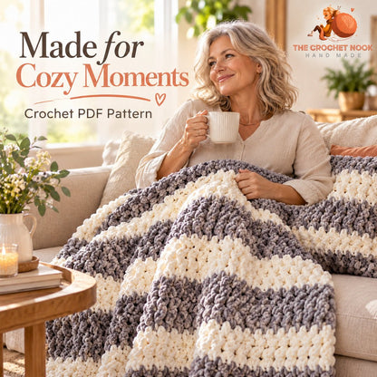 Cloudridge Textured Stripe Blanket Crochet Pattern with a woman aged approximately 50–60 using the completed design. Digital pattern.