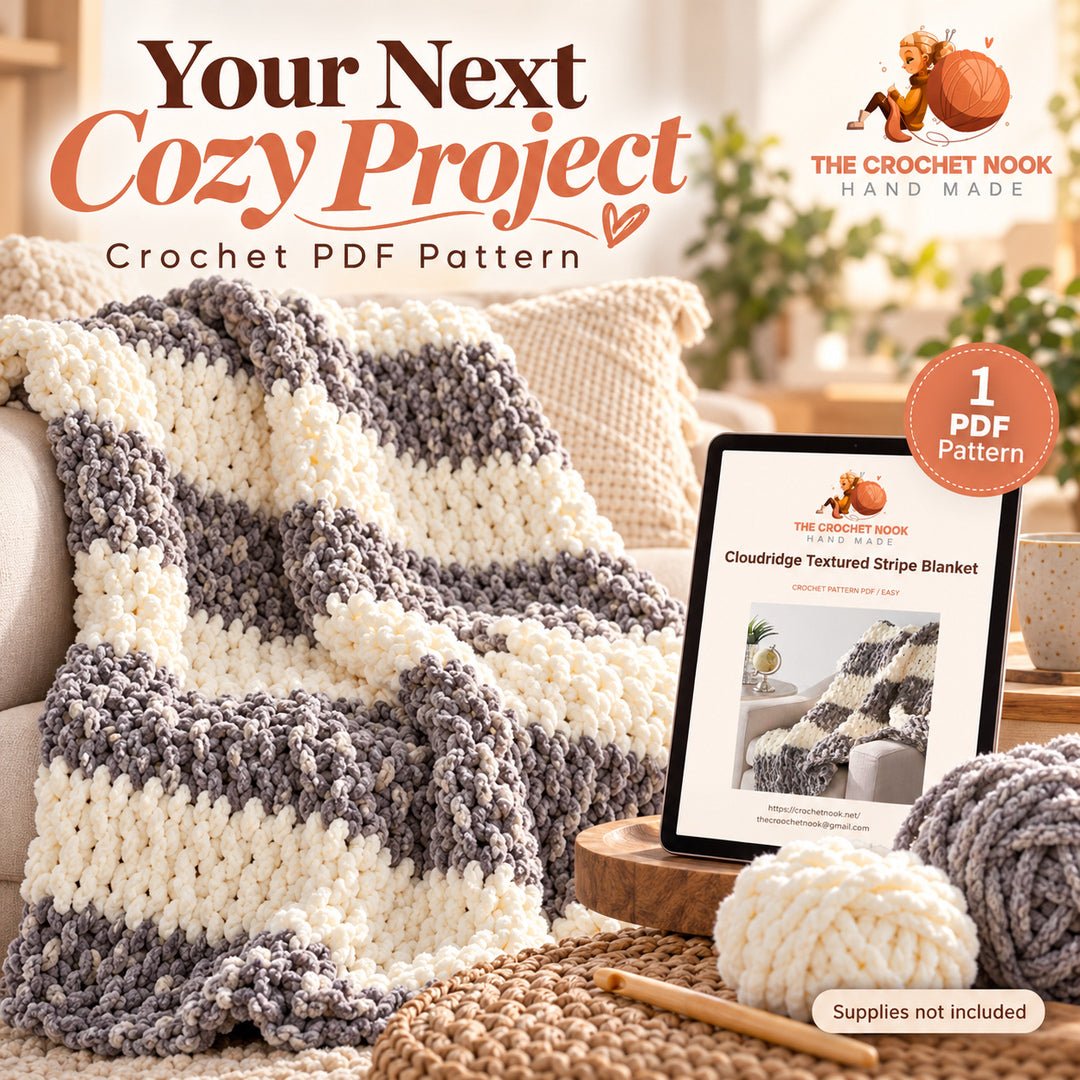 Cloudridge Textured Stripe Blanket Crochet Pattern with yarn, crochet hook and the actual PDF cover preview. Digital pattern.