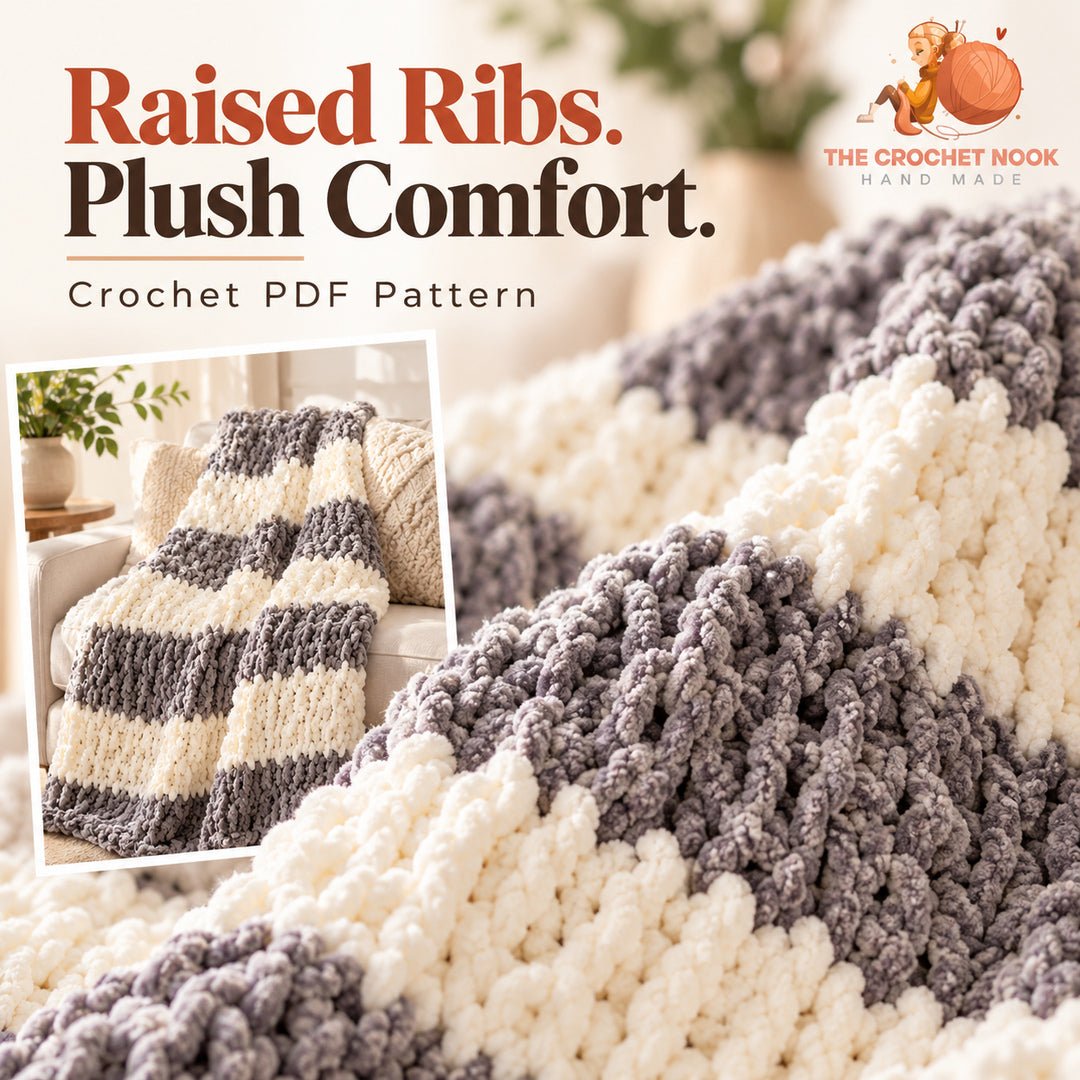 Cloudridge Textured Stripe Blanket Crochet Pattern close-up showing the original crochet stitch texture. Digital pattern.