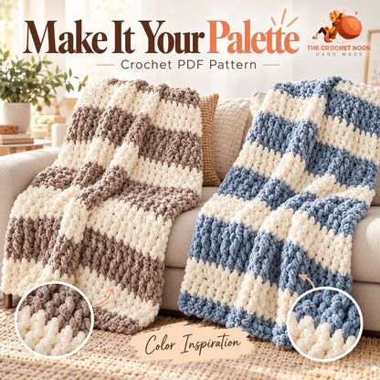 Cloudridge Textured Stripe Blanket Crochet Pattern in suggested alternative yarn colors with the original construction. Digital pattern.