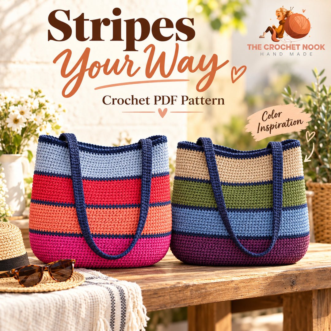 Colorwalk Striped Market Tote Crochet Pattern — original bright and earthy yarn palettes with the same tote construction. Digital pattern.