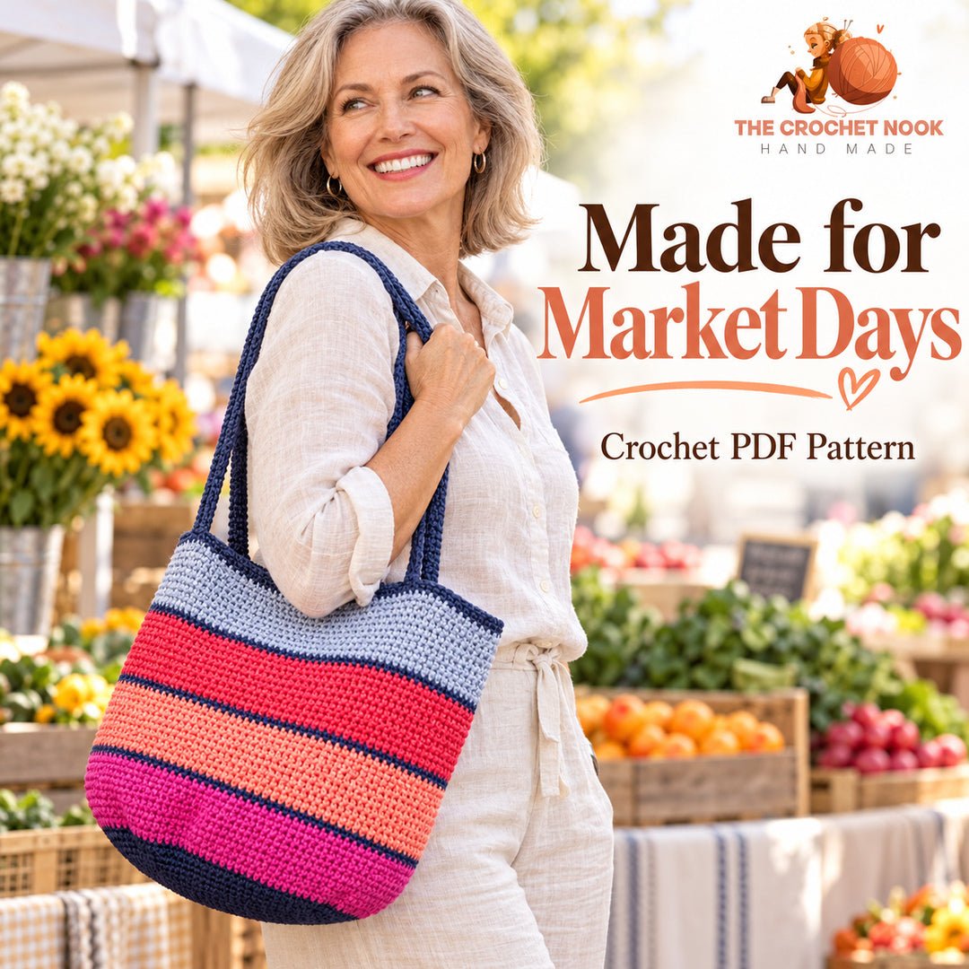 Colorwalk Striped Market Tote Crochet Pattern — woman around 55 carrying the colorful two-strap striped tote. Digital pattern.