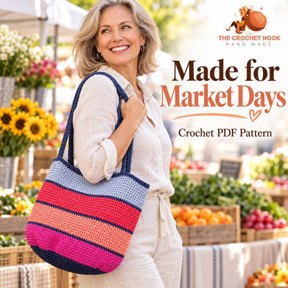 Colorwalk Striped Market Tote Crochet Pattern — woman around 55 carrying the colorful two-strap striped tote. Digital pattern.