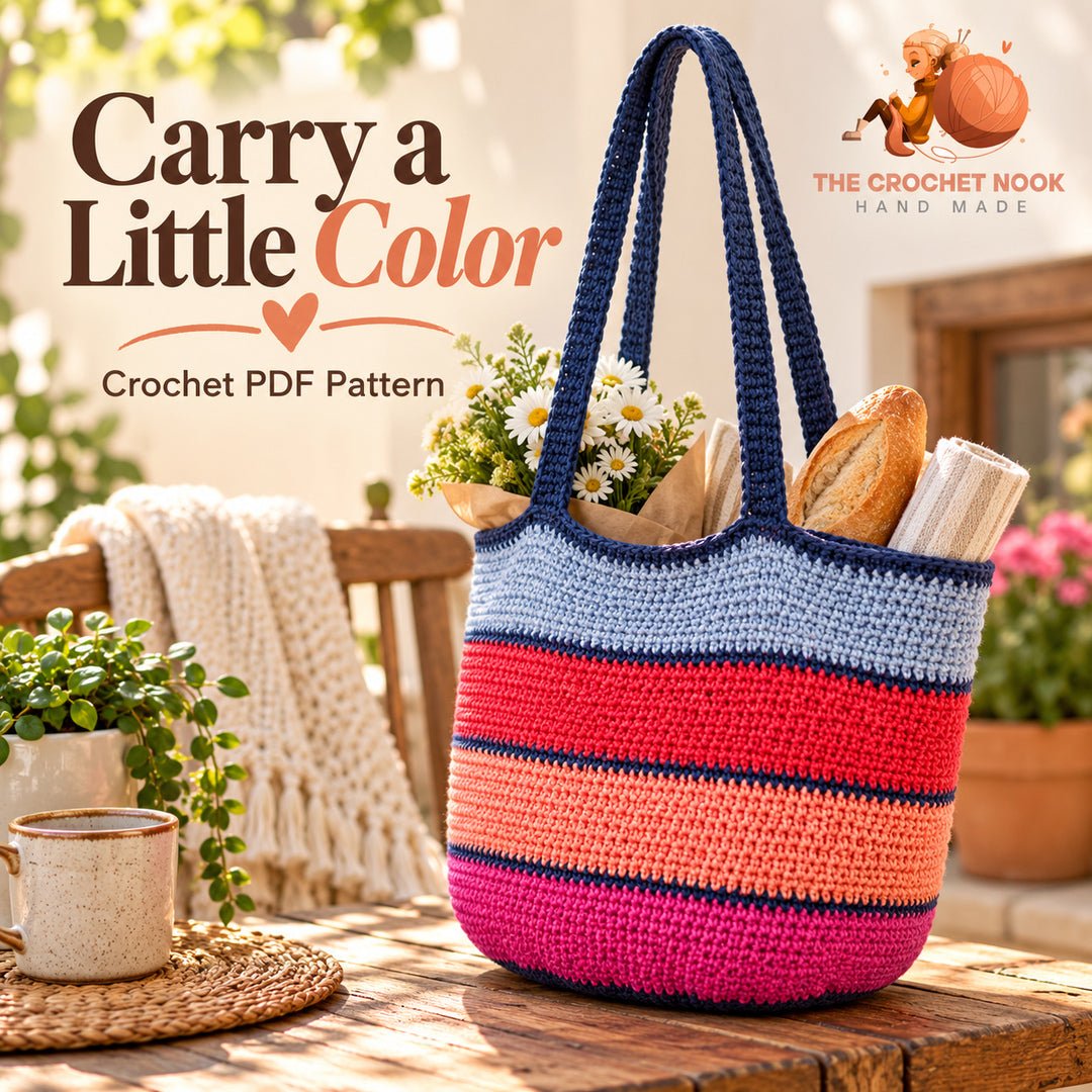 Colorwalk Striped Market Tote Crochet Pattern — striped cotton market tote with two long flat shoulder straps. Digital pattern.