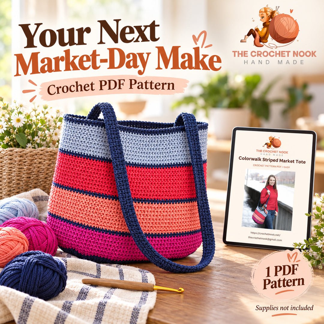 Colorwalk Striped Market Tote Crochet Pattern — striped tote with yarn, crochet hook and actual three-page PDF cover preview. Digital pattern.