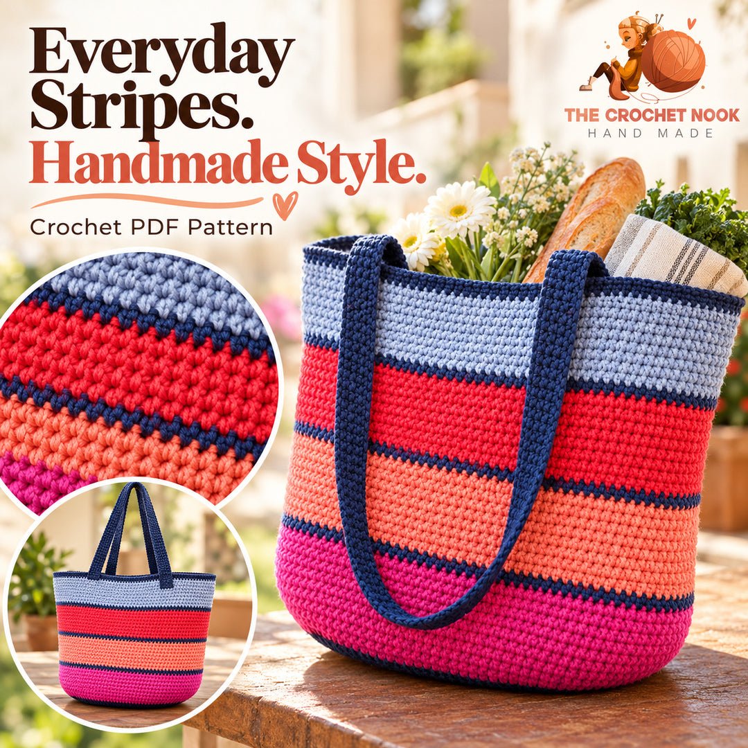 Colorwalk Striped Market Tote Crochet Pattern — close-up of the dense half-double crochet stripes and finished top edge. Digital pattern.