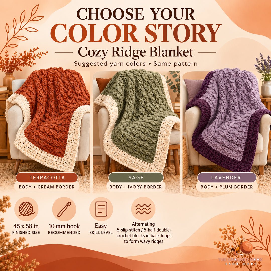 Suggested terracotta, sage and lavender yarn palettes for the same Cozy Ridge crochet blanket design and contrasting border.