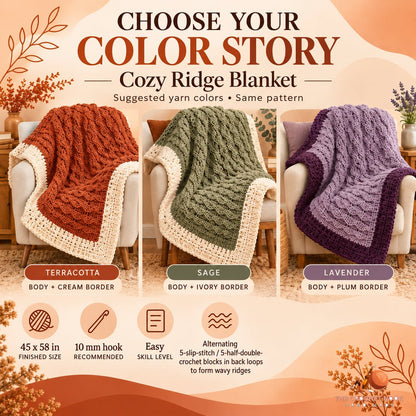 Suggested terracotta, sage and lavender yarn palettes for the same Cozy Ridge crochet blanket design and contrasting border.