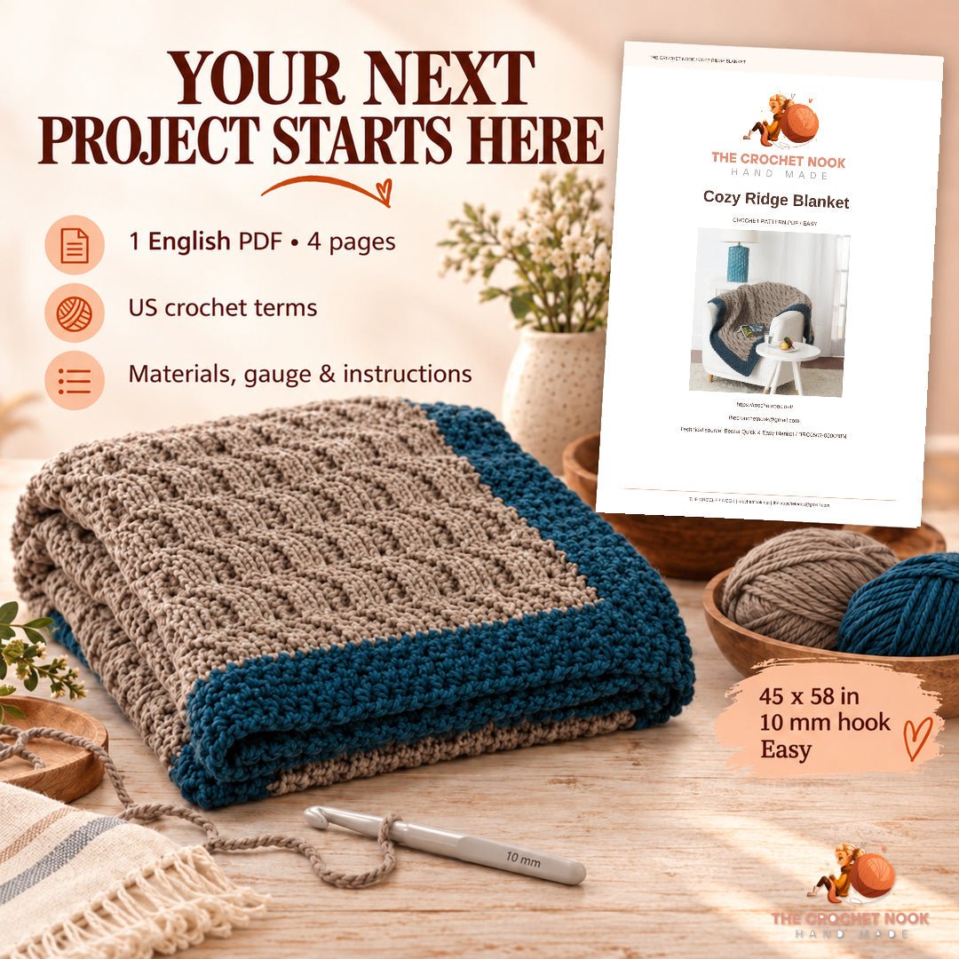 Cozy Ridge crochet blanket PDF pattern preview beside the textured throw, yarn and 10 mm hook; one English four-page file.