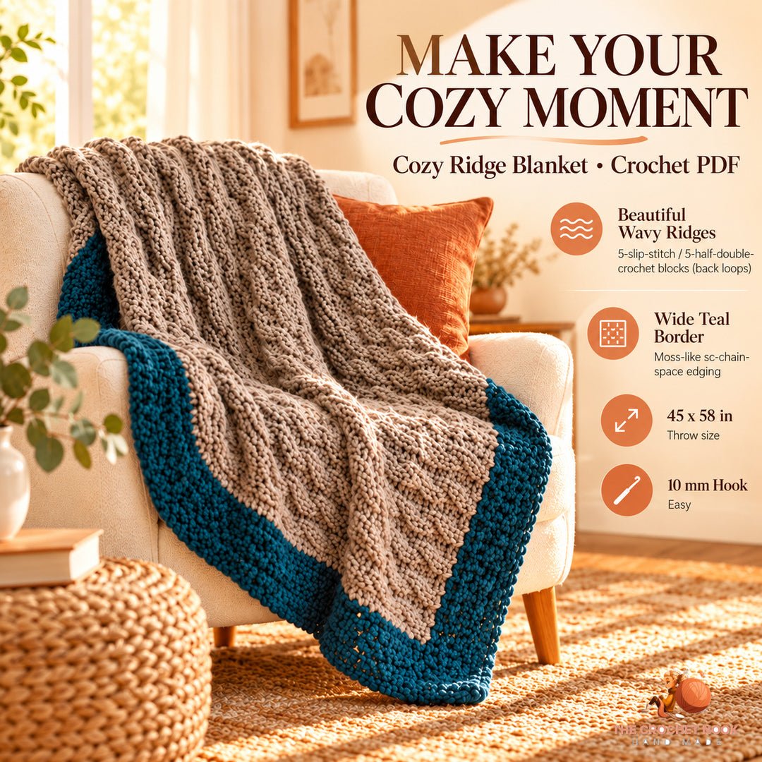 Cozy Ridge textured crochet throw with a clay body and teal border draped over an armchair in a warm living room.