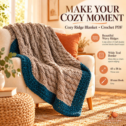 Cozy Ridge textured crochet throw with a clay body and teal border draped over an armchair in a warm living room.