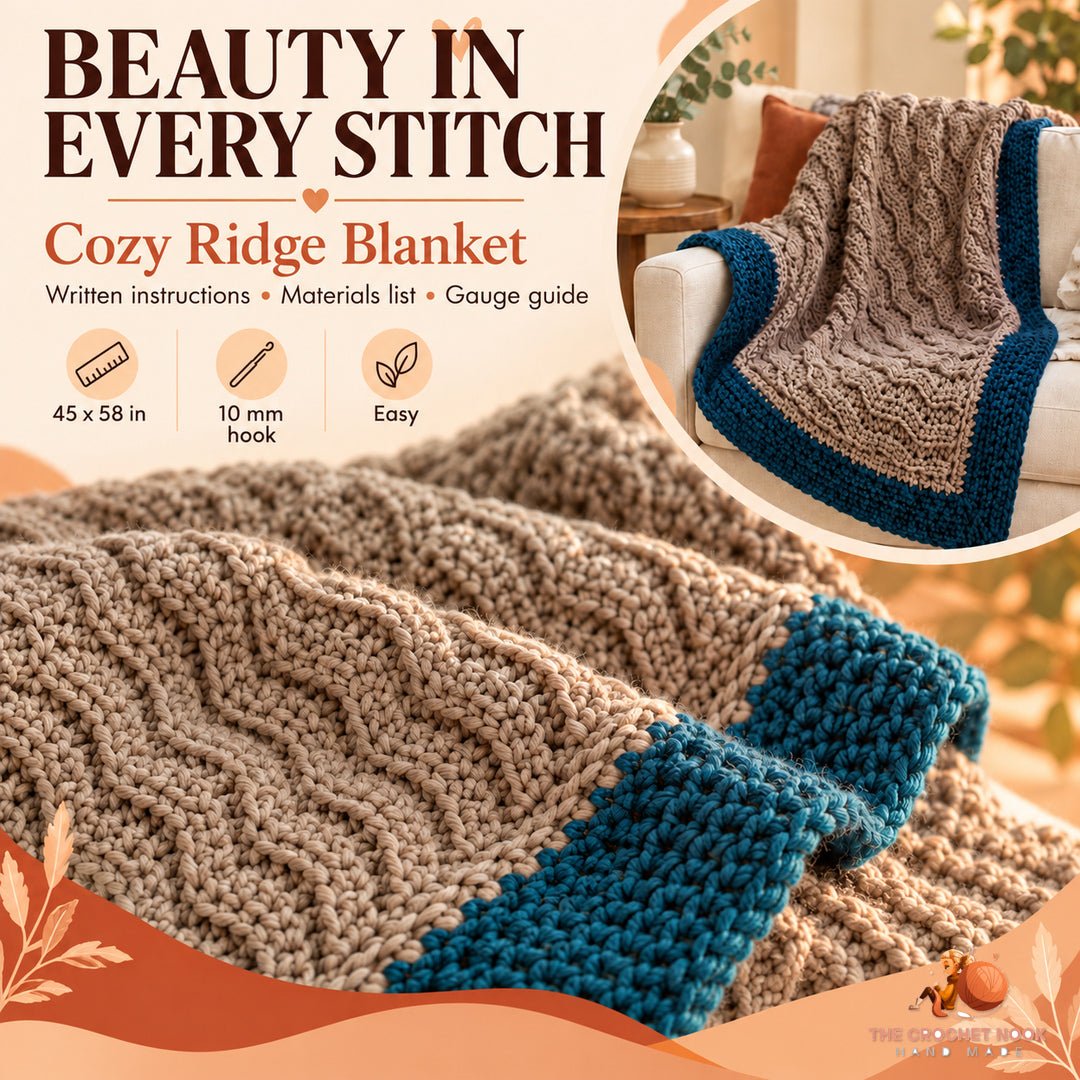 Close-up of the Cozy Ridge blanket wavy ridges and contrasting teal edging, with 45 by 58 inch size and 10 mm hook details.