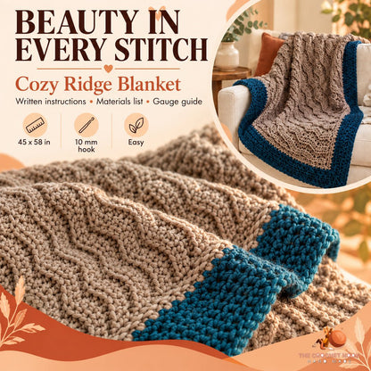 Close-up of the Cozy Ridge blanket wavy ridges and contrasting teal edging, with 45 by 58 inch size and 10 mm hook details.