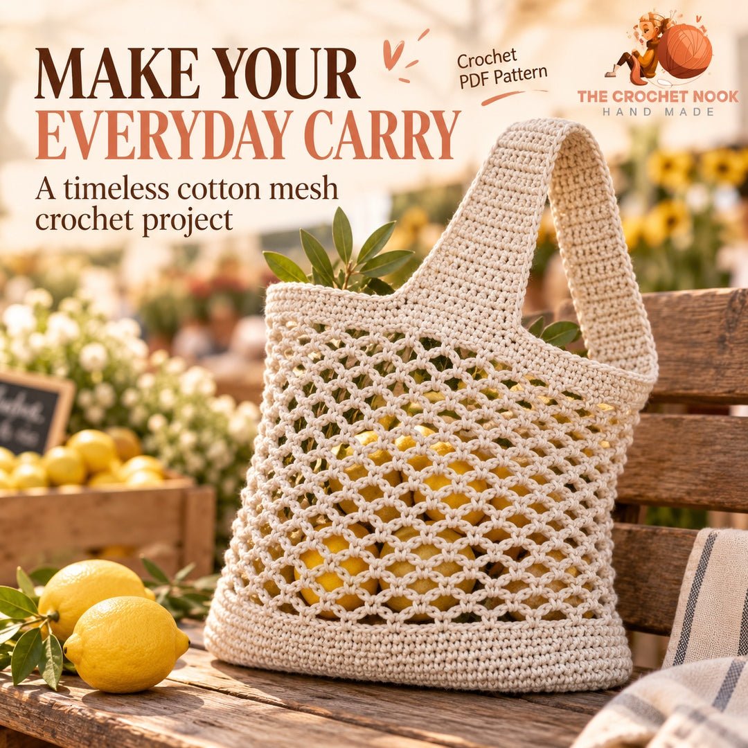 Everyday Mesh Market Bag Crochet Pattern in an original cozy lifestyle setting. Digital pattern; PDF delivered manually by email after purchase.
