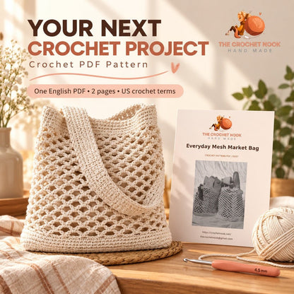 Everyday Mesh Market Bag Crochet Pattern with yarn, crochet hook and the actual PDF cover preview. Digital pattern; PDF delivered manually by email after purchase.