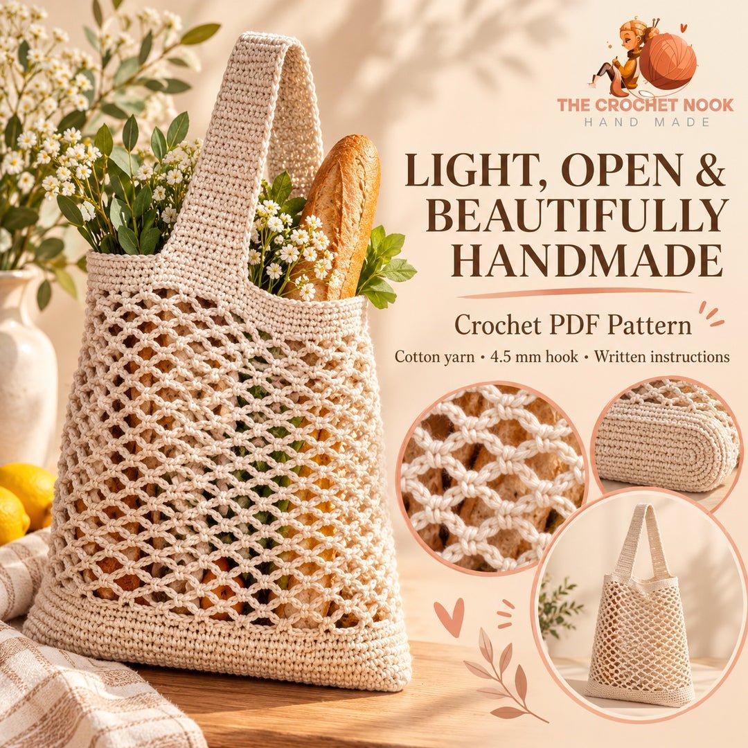 Everyday Mesh Market Bag Crochet Pattern showing the actual stitch texture and construction details. Digital pattern; PDF delivered manually by email after purchase.